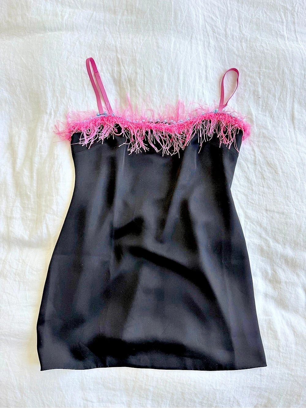 Guizio Black mini dress with Pink Feather Trim